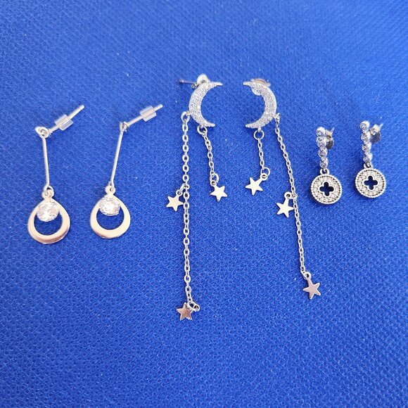 925 SILVER 3 PAIRS DELICATE DANGLE EAR RINGS WITH CZ STONES. - Picture 10 of 16